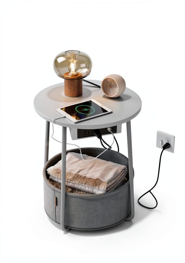 Songmics Side Table with Charging Station Fabric Basket-2