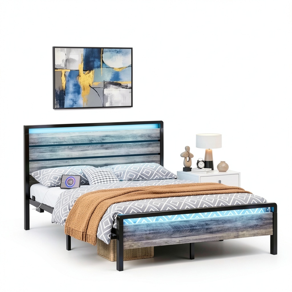 Winado platform bed frame in a modern bedroom setting with LED headboard lit