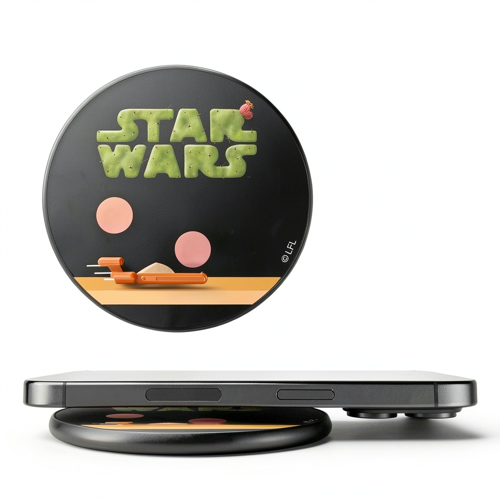 Keyscaper Star Wars Wireless Charger on a desk with phone charging