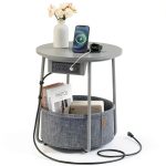 Songmics Side Table with Charging Station Fabric Basket-0