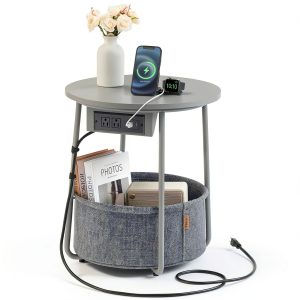 Songmics Side Table with Charging Station Fabric Basket-0