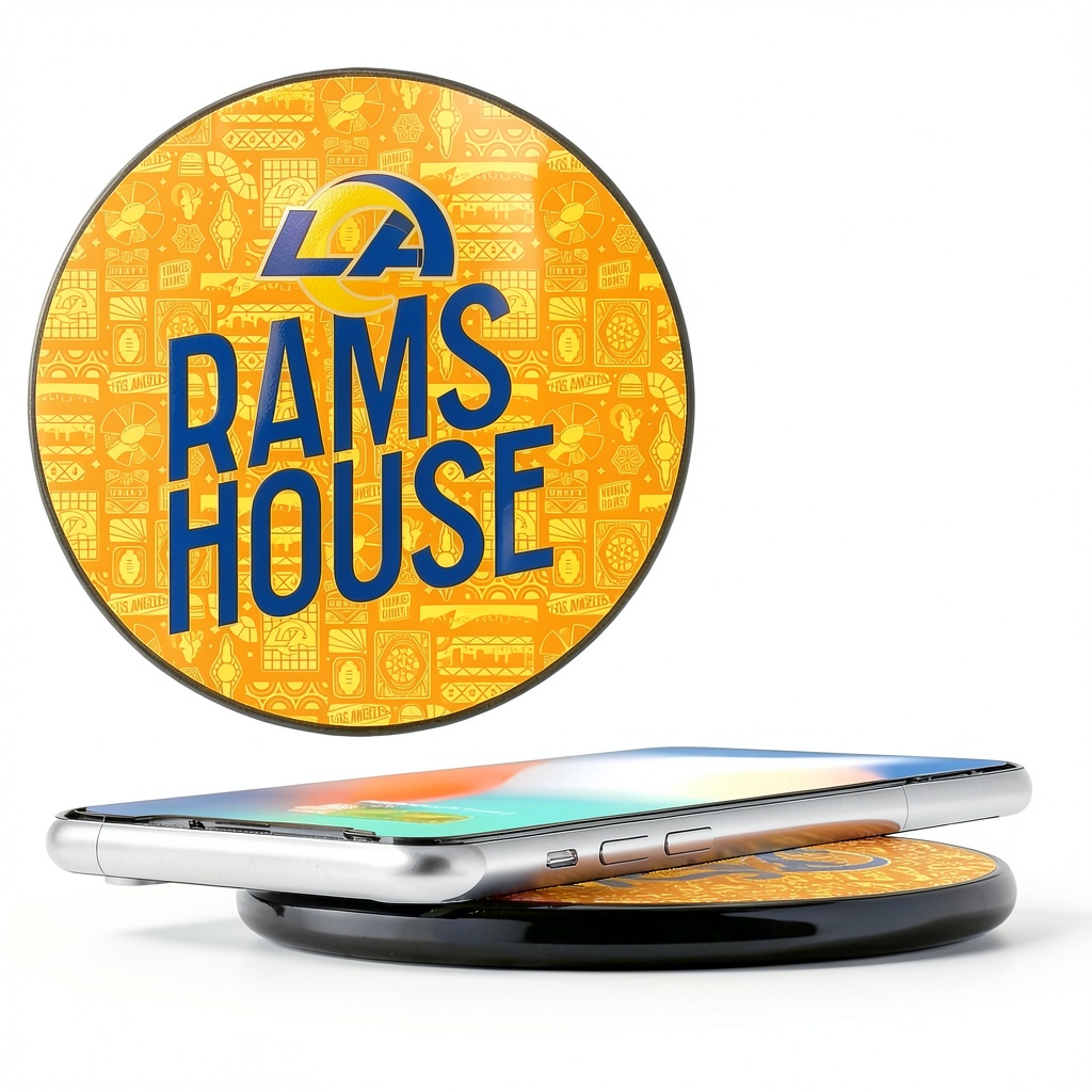 Los Angeles Rams Illustrated Wireless Charger on a desk with a phone charging