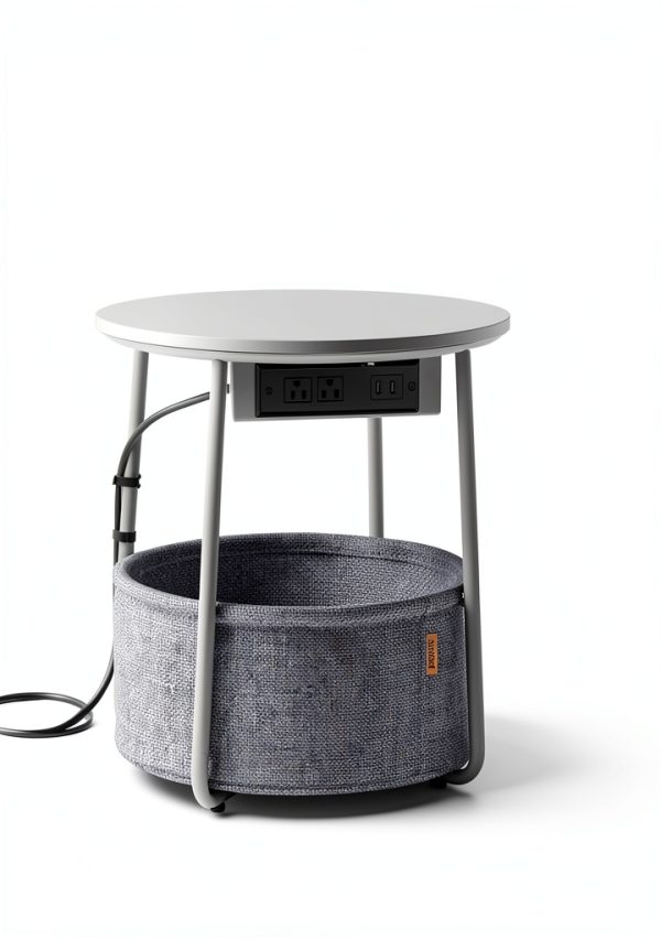Songmics Side Table with Charging Station Fabric Basket-4