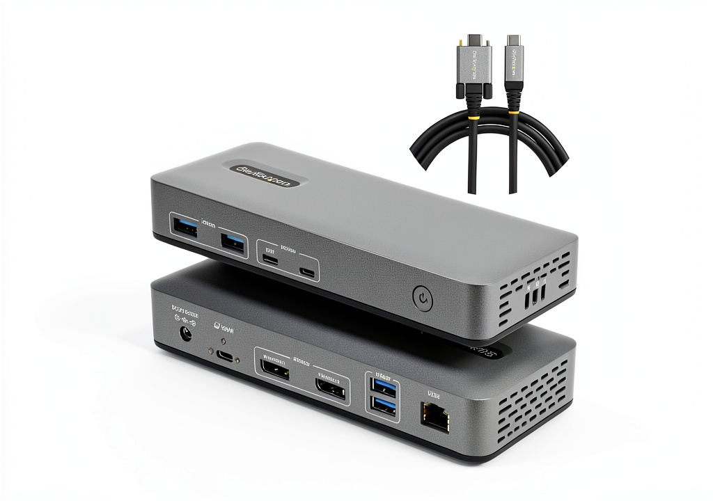 StarTech USB-C Docking Station connected to dual monitors on a desk