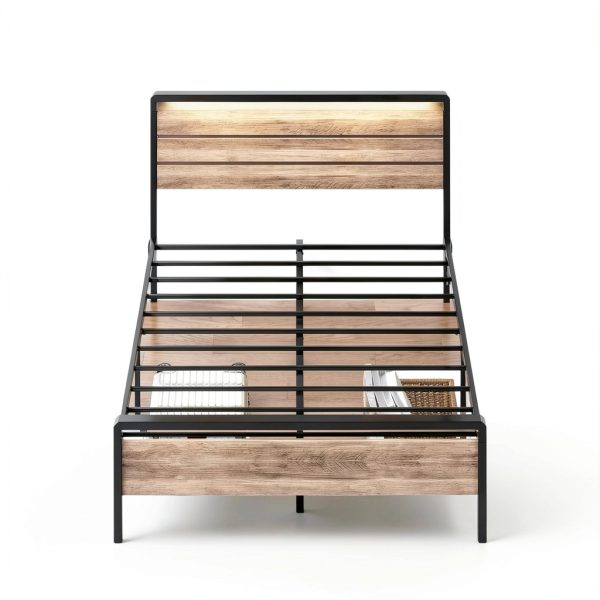 Winado Platform Bed Frame LED Headboard USB Charging Storage-1