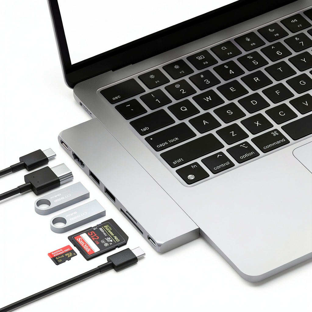 Installing Satechi Pro Hub Slim USB C Hub for M2 MacBook Air on a wooden desk