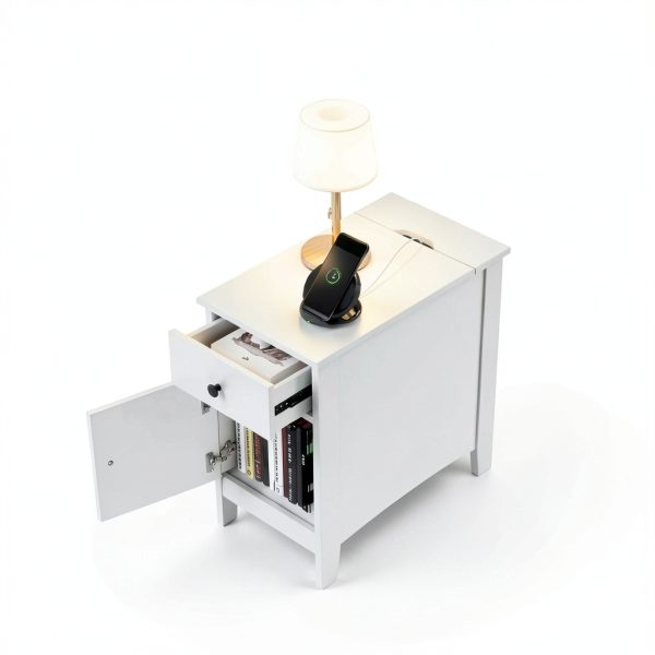 Costway Bedside Table with Charging Station Flip Top Design-5