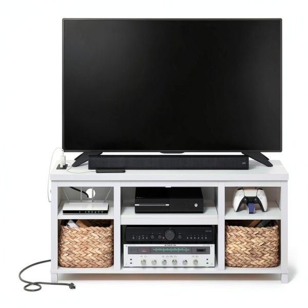 Furinno Farmhouse TV Stand Charging Station Open Shelves-3