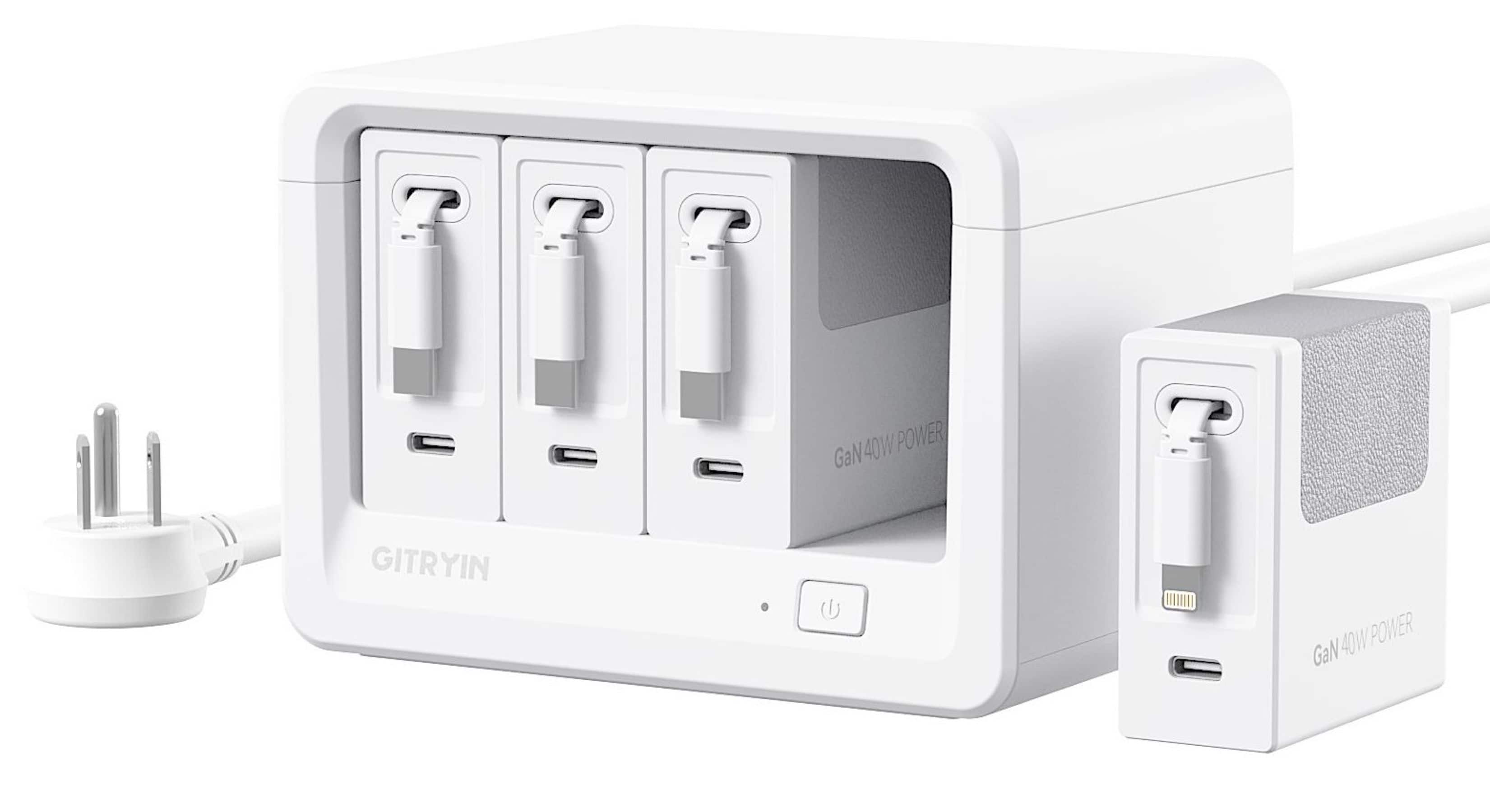 Gitryin Desktop Charging Station on a wooden desk with devices connected
